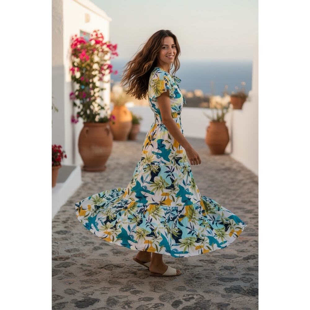 CYNTHIA ROWLEY 100% Cotton Tiered Maxi Dress Floral Midi Blue & Yellow Size M